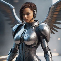 A female video game character, fierce and formidable, armored in formidable cyborg gear, metal wings unfurling from her back. Her posture and the dangerous aura of the gear create a powerful, futuristic heroine.