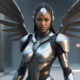 A female video game character, fierce and formidable, armored in formidable cyborg gear, metal wings unfurling from her back. Her posture and the dangerous aura of the gear create a powerful, futuristic heroine.