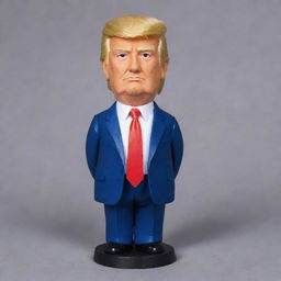 Craft an upright, detailed portrayal of Donald Trump, the 45th President of the United States, complete with his distinctive hairstyle, bright tie, and characteristic stern expression