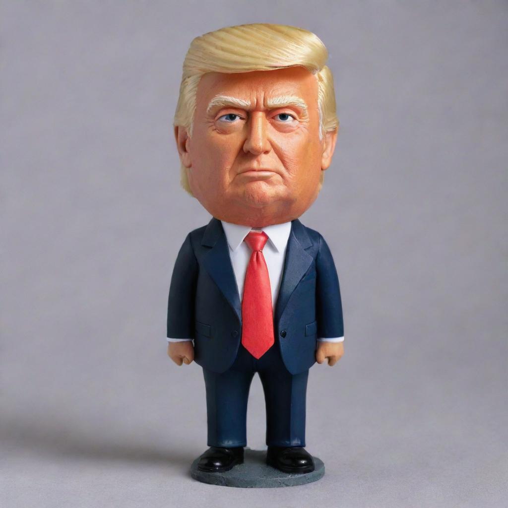 Craft an upright, detailed portrayal of Donald Trump, the 45th President of the United States, complete with his distinctive hairstyle, bright tie, and characteristic stern expression