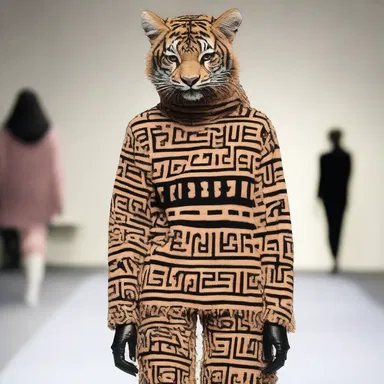 The fashion designer's collection was inspired by a predatory animal, with garments adorned with cautionary signs that read 'Beware' in bold letters.