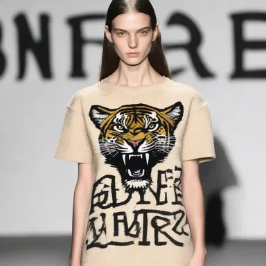 The fashion designer's collection was inspired by a predatory animal, with garments adorned with cautionary signs that read 'Beware' in bold letters.