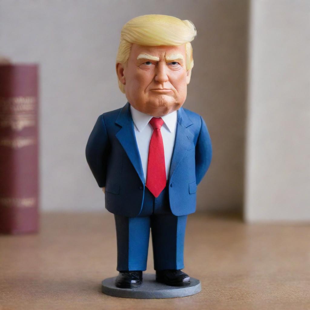 Craft an upright, detailed portrayal of Donald Trump, the 45th President of the United States, complete with his distinctive hairstyle, bright tie, and characteristic stern expression