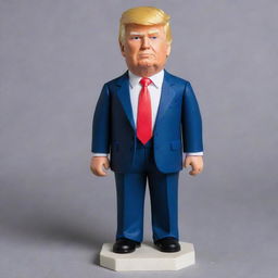 Craft an upright, detailed portrayal of Donald Trump, the 45th President of the United States, complete with his distinctive hairstyle, bright tie, and characteristic stern expression