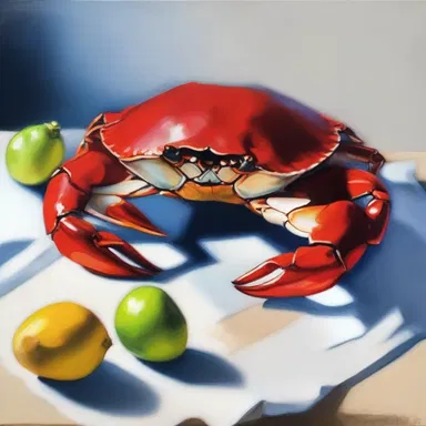 The artist painted a stunning still life piece featuring a rock crab as the focal point.