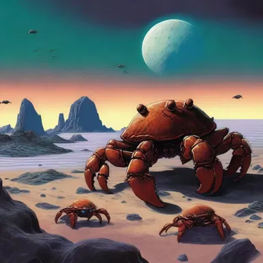 The science fiction novel depicted a distant planet with giant rock crabs roaming its surface.