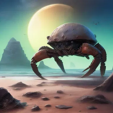 The science fiction novel depicted a distant planet with giant rock crabs roaming its surface.
