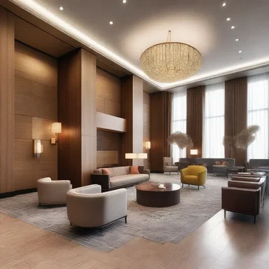 The hotel lobby was designed with an open concept, featuring a central scrum that creates a focal point for guests.