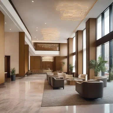 The hotel lobby was designed with an open concept, featuring a central scrum that creates a focal point for guests.