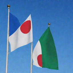 A high-resolution image of the flags of Uzbekistan and Japan, flying side by side with vibrant colors against a clear blue sky