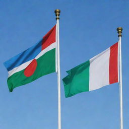 A high-resolution image of the flags of Uzbekistan and Japan, flying side by side with vibrant colors against a clear blue sky