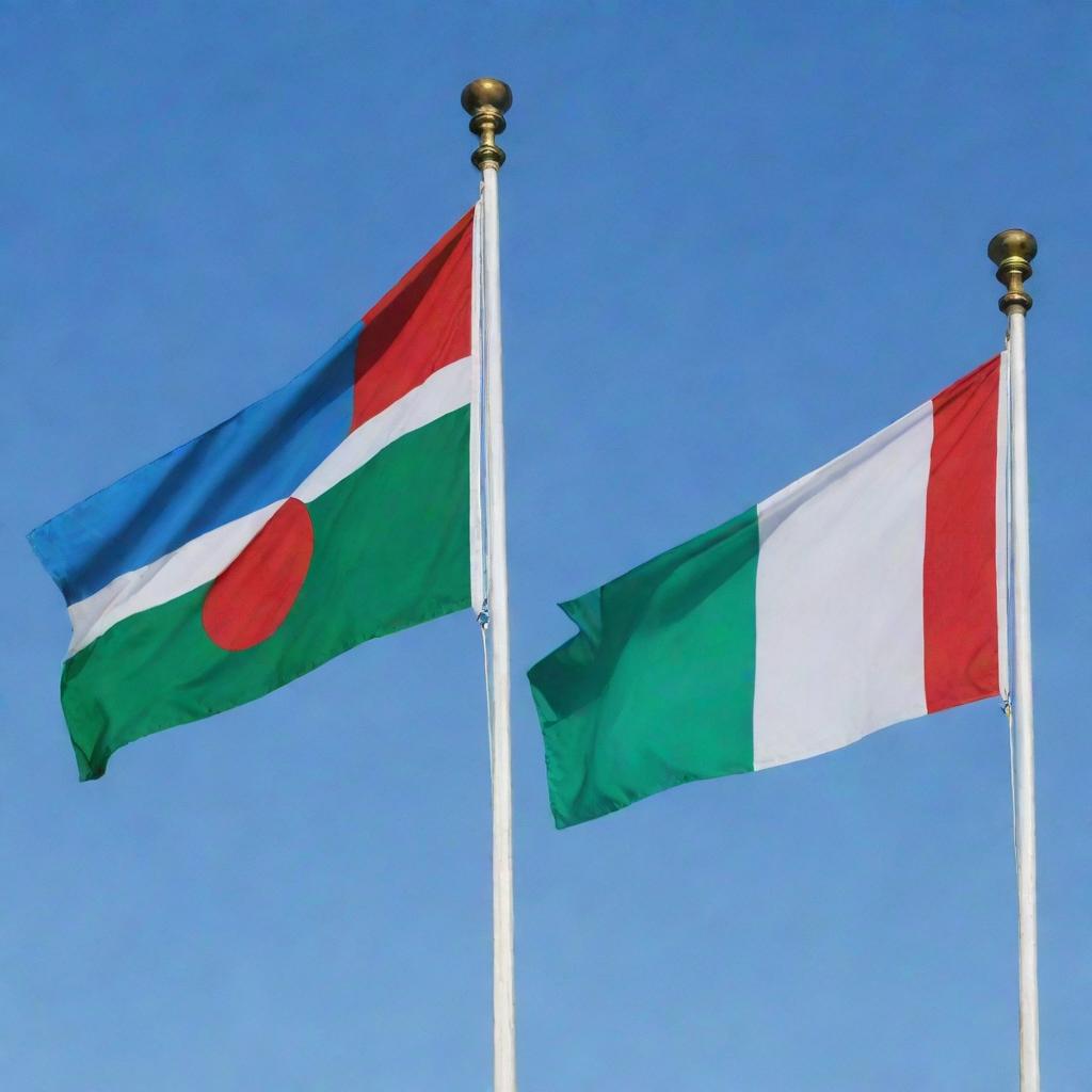 A high-resolution image of the flags of Uzbekistan and Japan, flying side by side with vibrant colors against a clear blue sky