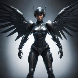 A sinister female video game character, clad in treacherous, evil-themed cyborg gear, featuring ominous metal wings. Her nefarious appearance and the threatening aura of the gear create a striking, dark sci-fi heroine.