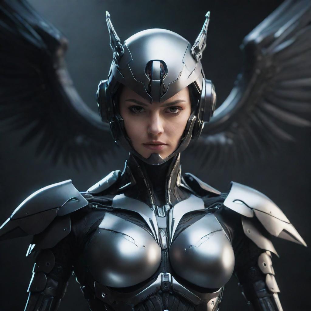 A sinister female video game character, clad in treacherous, evil-themed cyborg gear, featuring ominous metal wings. Her nefarious appearance and the threatening aura of the gear create a striking, dark sci-fi heroine.