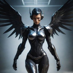 A sinister female video game character, clad in treacherous, evil-themed cyborg gear, featuring ominous metal wings. Her nefarious appearance and the threatening aura of the gear create a striking, dark sci-fi heroine.