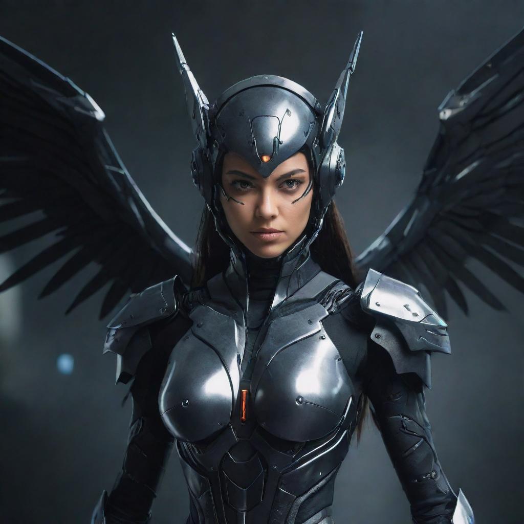 A sinister female video game character, clad in treacherous, evil-themed cyborg gear, featuring ominous metal wings. Her nefarious appearance and the threatening aura of the gear create a striking, dark sci-fi heroine.