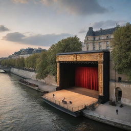 A theater scene set on the banks of the Seine River with a blend of traditional theater aesthetics and contemporary technology elements such as advanced lighting systems and digital backdrops.