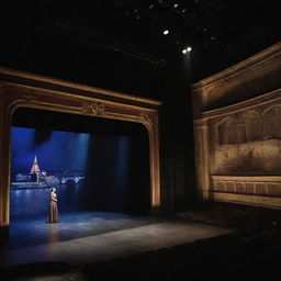 A theater scene set on the banks of the Seine River with a blend of traditional theater aesthetics and contemporary technology elements such as advanced lighting systems and digital backdrops.