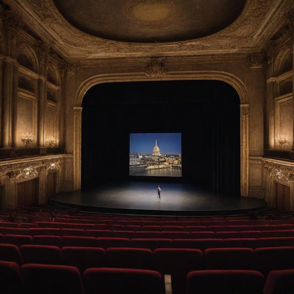 A theater scene set on the banks of the Seine River with a blend of traditional theater aesthetics and contemporary technology elements such as advanced lighting systems and digital backdrops.