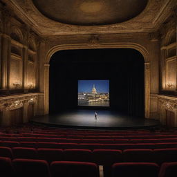 A theater scene set on the banks of the Seine River with a blend of traditional theater aesthetics and contemporary technology elements such as advanced lighting systems and digital backdrops.