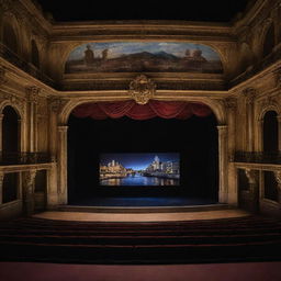 A theater scene set on the banks of the Seine River with a blend of traditional theater aesthetics and contemporary technology elements such as advanced lighting systems and digital backdrops.