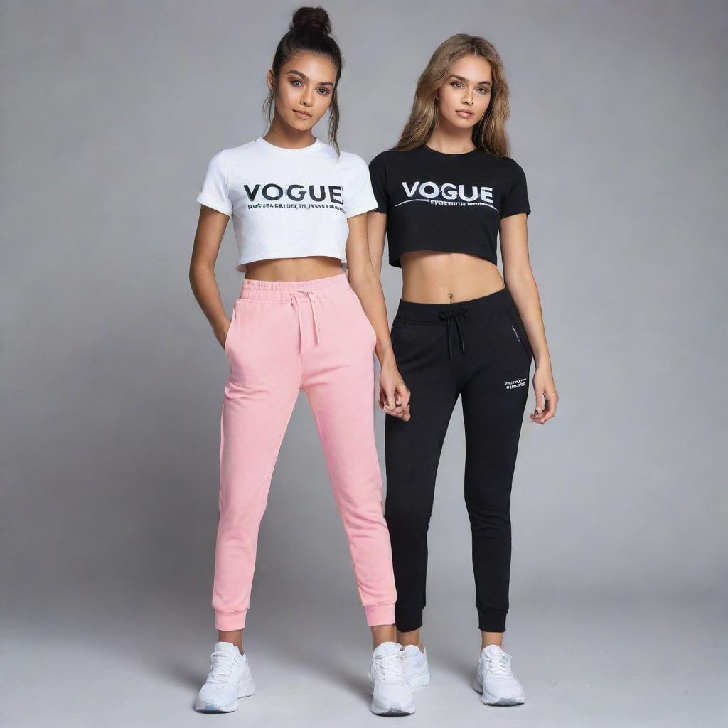 Design a youthful and trendy streetwear clothing line for girls featuring 'VogueRue' on jogging pants and crop tops