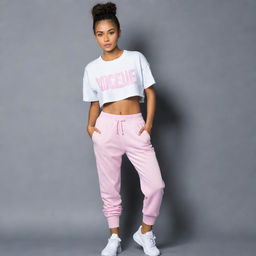 Design a youthful and trendy streetwear clothing line for girls featuring 'VogueRue' on jogging pants and crop tops