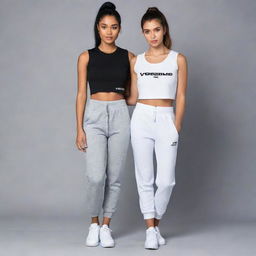 Design a youthful and trendy streetwear clothing line for girls featuring 'VogueRue' on jogging pants and crop tops