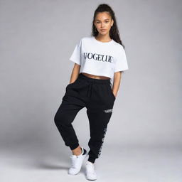 Design a youthful and trendy streetwear clothing line for girls featuring 'VogueRue' on jogging pants and crop tops