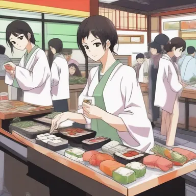 In the anime series, the main character often enjoys eating titbits of sushi at a local food stall.