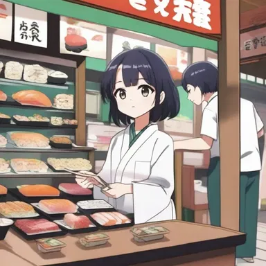In the anime series, the main character often enjoys eating titbits of sushi at a local food stall.