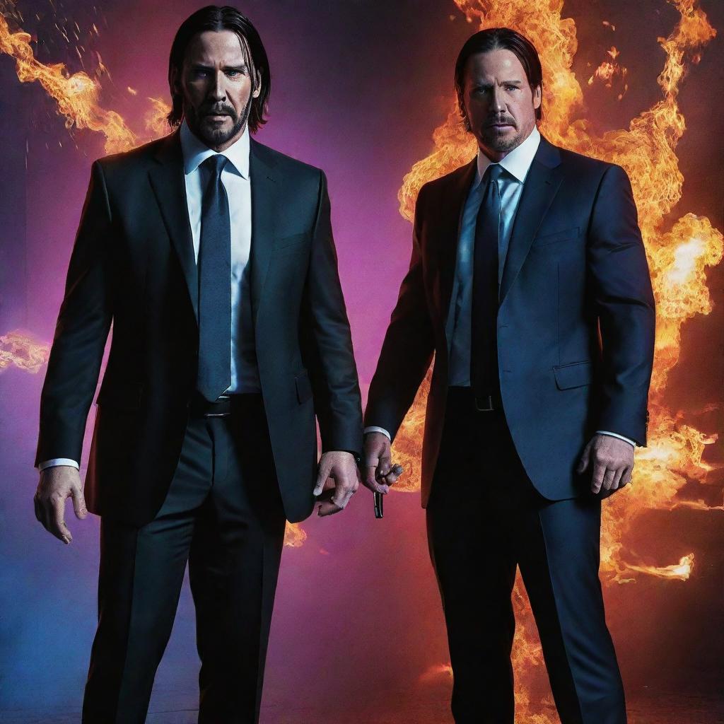 Create an action-packed poster featuring John Wick and John Cena in an intertwined narrative. Use vibrant colors with intense explosive backdrop.