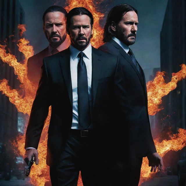 Create an action-packed poster featuring John Wick and John Cena in an intertwined narrative. Use vibrant colors with intense explosive backdrop.