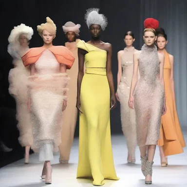 The fashion show featured avant-garde designs that played with temporal arrangements, blending different eras together.
