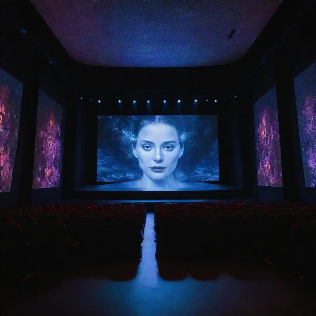 A theater on the Seine River featuring advanced technological elements and Artificial Intelligence, with digital screens showcasing AI performers and futuristic lighting.