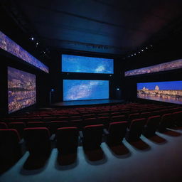 A theater on the Seine River featuring advanced technological elements and Artificial Intelligence, with digital screens showcasing AI performers and futuristic lighting.