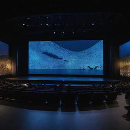 A theater on the Seine River featuring advanced technological elements and Artificial Intelligence, with digital screens showcasing AI performers and futuristic lighting.