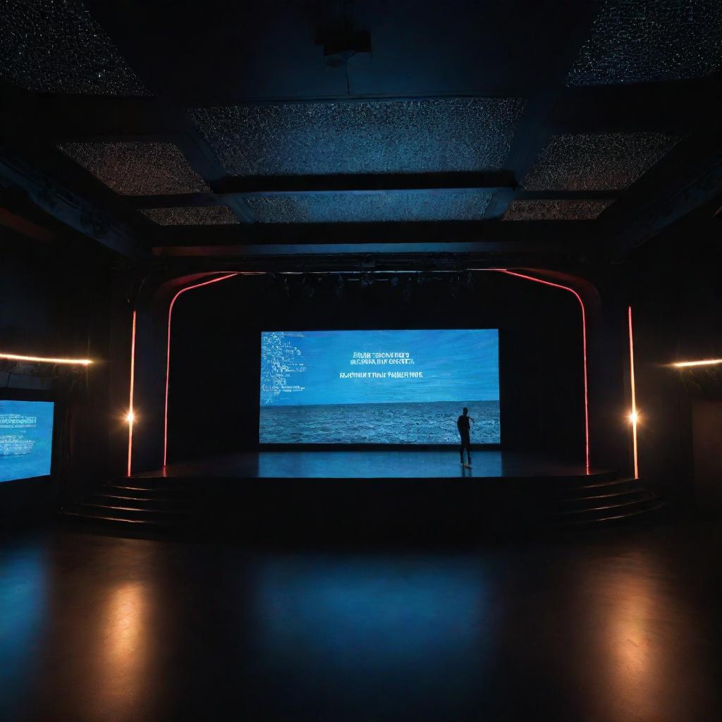 A theater on the Seine River featuring advanced technological elements and Artificial Intelligence, with digital screens showcasing AI performers and futuristic lighting.