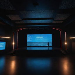 A theater on the Seine River featuring advanced technological elements and Artificial Intelligence, with digital screens showcasing AI performers and futuristic lighting.