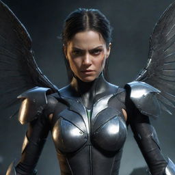 A battered female video game character in wicked, dangerous cyborg gear with sharp metal wings, visibly injured. Despite her wounds, her menacing outfit and the fierce determination in her posture make an unforgettable and resilient heroine.