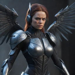 A battered female video game character in wicked, dangerous cyborg gear with sharp metal wings, visibly injured. Despite her wounds, her menacing outfit and the fierce determination in her posture make an unforgettable and resilient heroine.