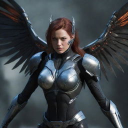 A battered female video game character in wicked, dangerous cyborg gear with sharp metal wings, visibly injured. Despite her wounds, her menacing outfit and the fierce determination in her posture make an unforgettable and resilient heroine.