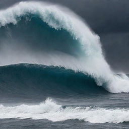 A massive tsunami, with immense waves towering against a backdrop of a dark, gloomy sky.