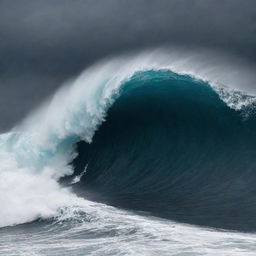 A massive tsunami, with immense waves towering against a backdrop of a dark, gloomy sky.