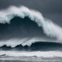 A massive tsunami, with immense waves towering against a backdrop of a dark, gloomy sky.