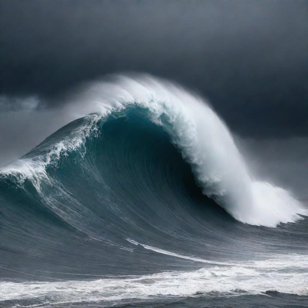 A massive tsunami, with immense waves towering against a backdrop of a dark, gloomy sky.