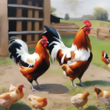 The artist painted a beautiful scene of hens clucking in the farmyard.