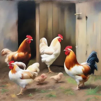 The artist painted a beautiful scene of hens clucking in the farmyard.