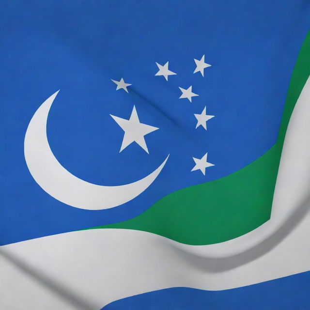 A dynamic, high resolution image of the flag of Uzbekistan. The flag consists of three horizontal bands: blue, white, and green, separated by two thin red fimbriations, with a white crescent moon and twelve stars in the top left quadrant on the blue stripe.