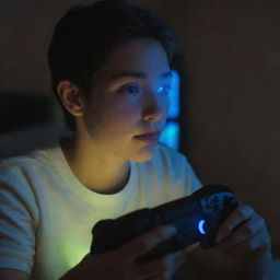 A person deeply immersed in playing a video game, with a glowing screen illuminating their face